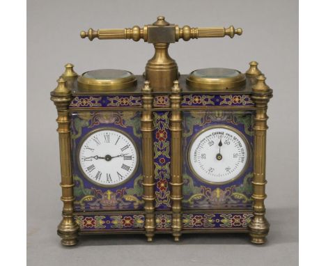 A cloisonne carriage clock and barometer. 12.5 cm wide.