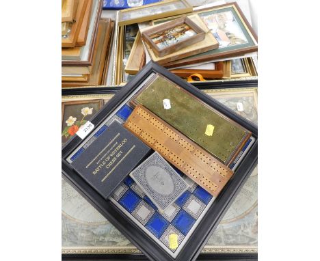 A Battle of Waterloo chess set, cribbage board, quantity of pictures and prints, frames, after Taylor, late map, etc.  (a qua