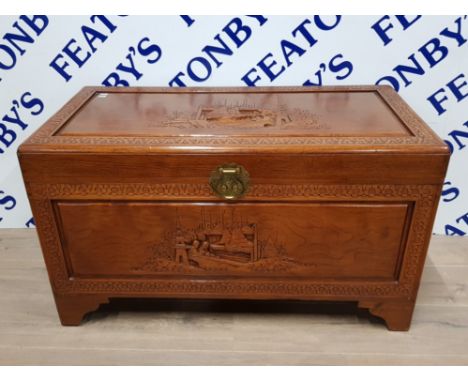 20TH CENTURY CARVED CHINESE EXOTIC HARDWOOD CHEST WITH BRASS FITTING