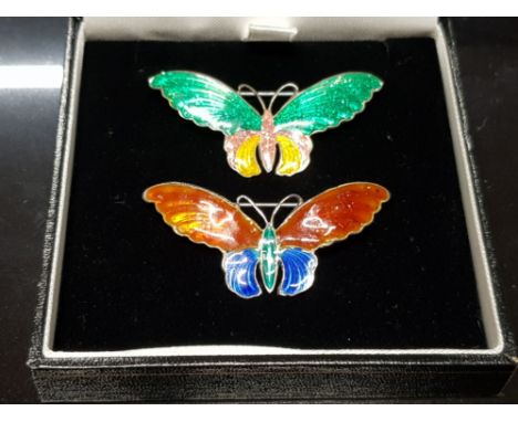 TWO STERLING SILVER OXO ENAMEL BUTTERFLY BROOCHES BY H C OSTREM NORWAY 9.7G GROSS