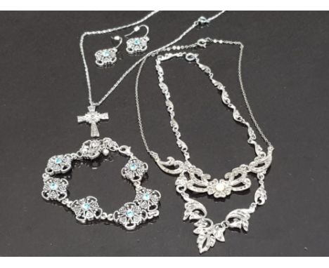 MARCASITE AND BLUE STONE BRACELET AND EARRING SET TOGETHER WITH 3 MARCASITE NECKLACES INCLUDES CRUCIFIX AND PEARL ETC