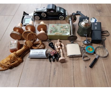 COLLECTABLES TO INCLUDE A BATTERY DRIVEN MODEL CAR TURNED WOODEN MUSHROOM ORNAMENTS HIP FLASK BOTTLE OPENERS PENTAX FLASH ETC