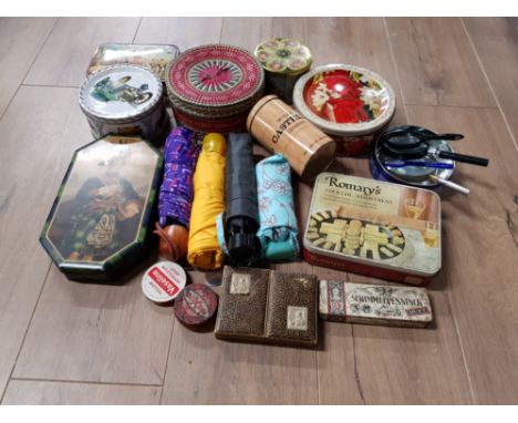 VINTAGE BISCUIT TINS VASELINE AND OTHERS PLAYING CARDS MAGNIFYING GLASSES UMBRELLAS ETC
