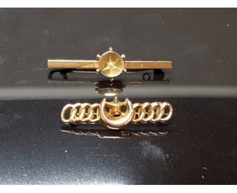 TWO YELLOW GOLD BROOCHES ONE STAR AND CRESCENT THE OTHER WITH CENTRAL SEED PEARL STAMPED 375 AND 9CT 2.7G GROSS