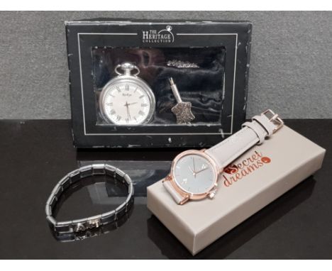 ITALIAN STAINLESS STEEL NOMINATION STYLE BRACELET TOGETHER WITH SECRET DREAMS WRISTWATCH AND BOXED POCKET WATCH FROM THE HERI