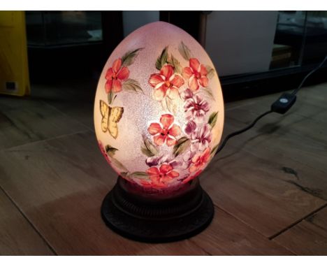 HAND PAINTED FLOWER AND BUTTERFLY EGG LAMP IN FULL WORKING CONDITION, HEIGHT 22CM