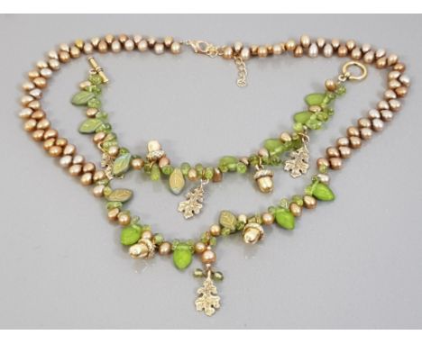 FRESHWATER PEARL AND CARVED GREEN BEAD AND PERIDOT NECKLET AND MATCHING BRACELET