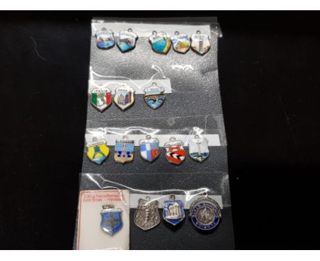 8 ENAMEL CHARM SHIELDS ALL ITALY PLUS 9 OTHERS INCLUDING FLORIDA SPINNER CHARM SOME MARKED AS SILVER OTHERS UNMARKED