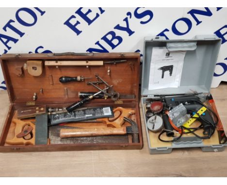 WOODEN TOOLBOX FULL OF VINTAGE HANDTOOLS PLUS CASED POWER BASE 500W HAMMER DRILL
