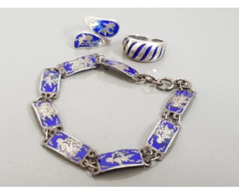 SILVER AND ENAMEL BRACELET AND 2 RINGS