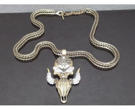 GOTHIC NOUR OF LONDON NECKLACE WITH MARCASITE AND DIAMANTE SKULL PENDANT 70CM