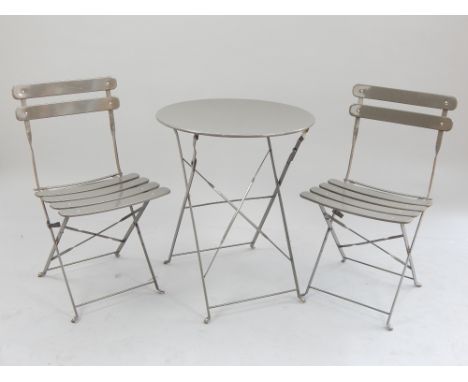 French farmhouse grey enamel bistro set of 60cm diameter table and two slat chairs (3)