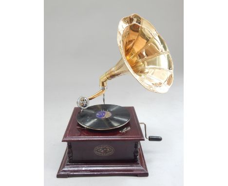 Vintage style gramophone, with a brass sound trumpet, together with a Ted Heath recording of Hot Toddy, (2) 