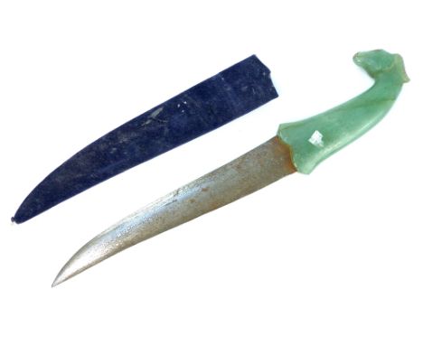 Late 19th / early 20th century Mongolian jade dagger, the handle carved as a horse head, on a steel blade in a blue velvet sc