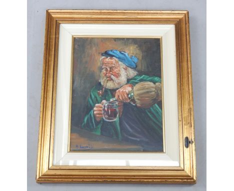 A Lanzilli (Italian 20th Traditional School), oil on canvas portrait of a pipe smoking bearded man pouring himself a large gl