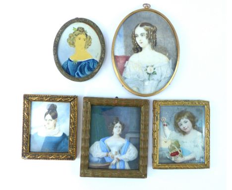 Mid 19th century oval portrait miniature of a young woman, her hair in ringlets, wearing a white dress with a pink rose, 12x 