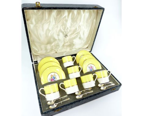 Royal Worcester porcelain coffee cups and saucers, pattern 'Miranda', together with Walker & Hall silver plated spoons, with 