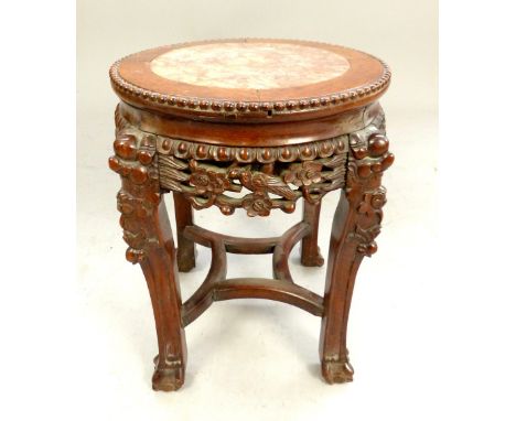 Chinese carved hardwood table with a circular marble inset top, 36cm d