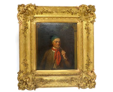 19th century continental school, Gentleman Smoking a Pipe, standing within an ivy clad niche, oil on oak panel, 26x 30cm