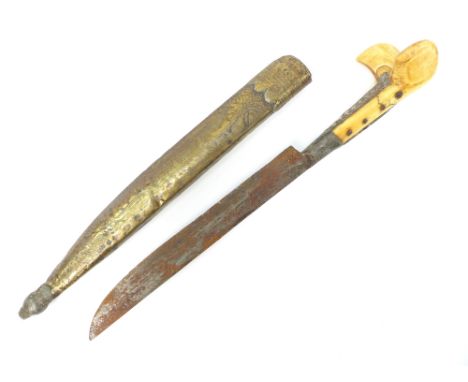 19th century dagger, possibly Ottoman, the ivory handle with white metal inlay, with a steel blade and brass scabbard, 41cm l