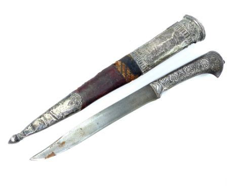 19th century dagger, possibly Ottoman, with white metal foliate handle and white metal mounted leather scabbard, bearing the 