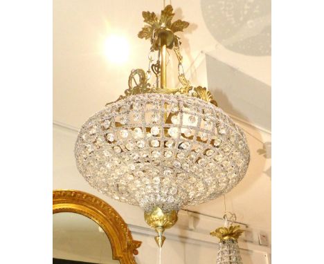 A gilt metal and glass rigid wired inverted mushroom chandelier, 80cm l overall. 
