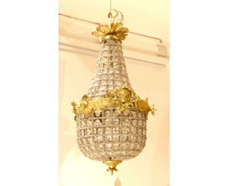 A decorative gilt metal and glass rigid wired pendant basket chandelier, 50cm l overall.