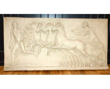 After the Antique, a reproduction plaster panel depicting Aphrodite and Mars with chariot driven by four horses, 144x74cm