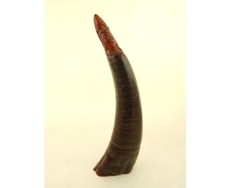 Chinese similated horn, decorated with female mask finial, six character mark to side, 25cm h