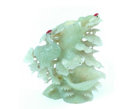 20th century Chinese jade carving, two cranes of a flowering stump, 24cm h