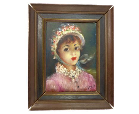 19th / 20th century oil on board, portrait of a girl wearing bonnet decorated with flowers, signed D. Edzard lower left, 19x1