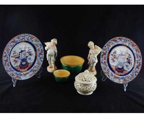 Pair of Victorian Ironstone plates, two Wedgwood leaf moulded bowls, a pierced creamware jar and cover and a pair of continen