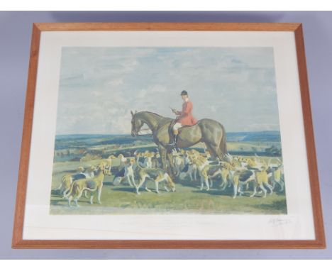 After A J Munnnings, Stanley Barker and the Pytchley Hounds, lithograph published by Frost & Reed 1948, signed in pencil lowe