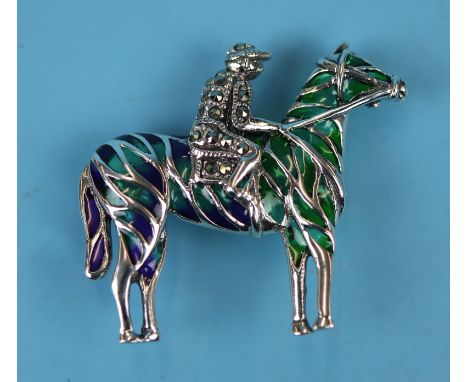 Silver &amp; enamel horse &amp; jockey brooch