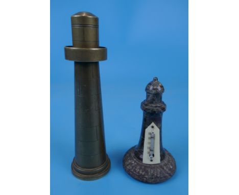 Cornish serpentine novelty carved desk thermometer &amp; WWI brass trench art novelty lighter both in the form of a lighthous