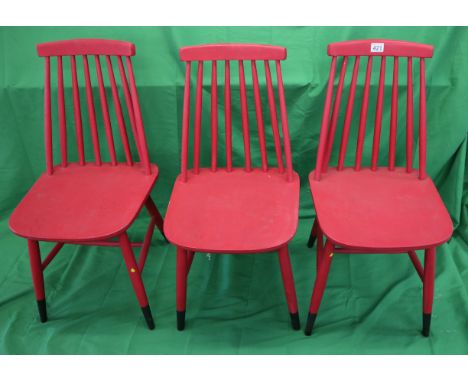 Set of 3 painted red stick back chairs