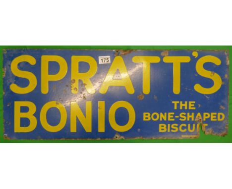 Early 20C enamel advertising dog biscuit sign: 'Spratts Bonio, the bone-shaped biscuit' - Approx 30cm x 76cm