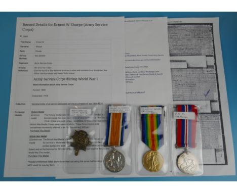 3 WWI medals &amp; service badge - Ernest W Sharpe - Army Service Corps.