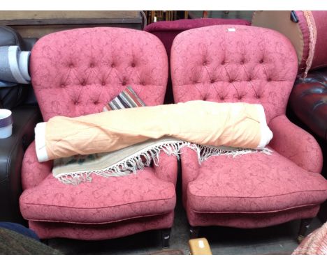PAIR PINK BUTTON BACK ARMCHAIRS