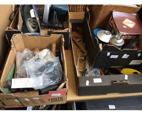3 BOXES OF MIXED TOOLS, BUTANE GAS, LANTERN ETC
