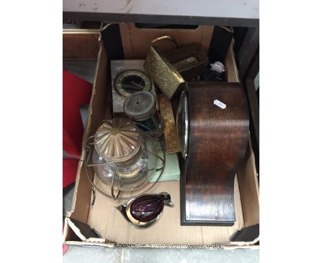 A BOX CONTAINING MANTLE CLOCK, OIL LAMP, BOAT SIGNAL LAMP, PAPERWEIGHT ETC