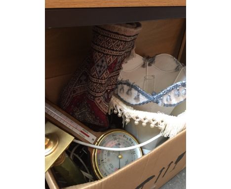 A LARGE BOX WITH LAMPS A BAROMETER, SMALL RUG ETC