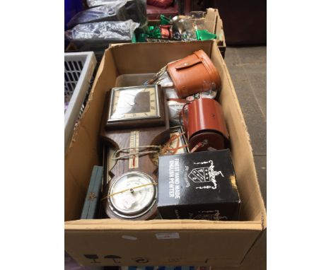 BOX INCLUDING CLOCK/BAROMETER, BINOCULARS, CINE CAMERA, PICTURES