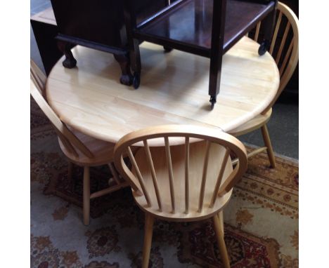 LIGHT WOOD DROP LEAF TABLE AND FOUR SPINDLE CHAIRS 106CM