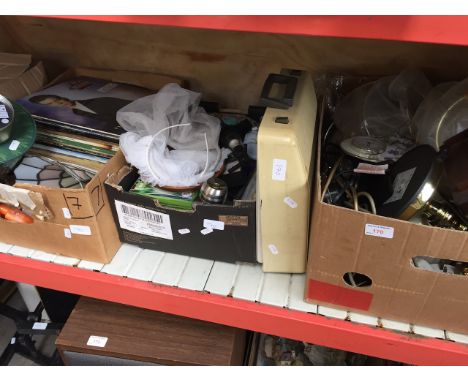 3 BOXES OF LIGHT FITTINGS, RECORDS, GAMES, TYPEWRITER ETC