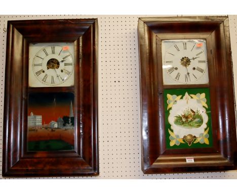 Two early 20th century American flame mahogany drop trunk wall clocks (2)