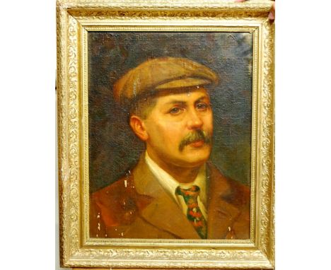 Early 20th century English school - head and shoulders portrait of a gentleman wearing a flat cap, oil on mill board, 46x36cm