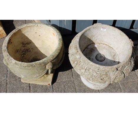 A reconstituted stone and floral decorated circular squat pedestal planter; together with one other classical taste example (