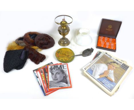 A group of mixed collectables, including a Duplex brass oil lamp, a set of six Webb Continental, Lead Crystal liqueur glasses