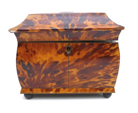 A Georgian tortoiseshell twin division tea caddy, 18 by 10.7 by 14.8cm high.